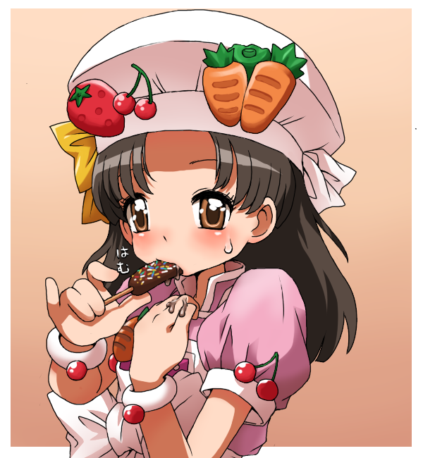 hun (uyonis), hiiragi mine, cooking idol ai! mai! main!, bad id, bad pixiv id, brown eyes, brown hair, carrot, child, chocolate-covered food, chocolate banana, food, food-themed clothes, fruit, sexually suggestive, solo, vegetable