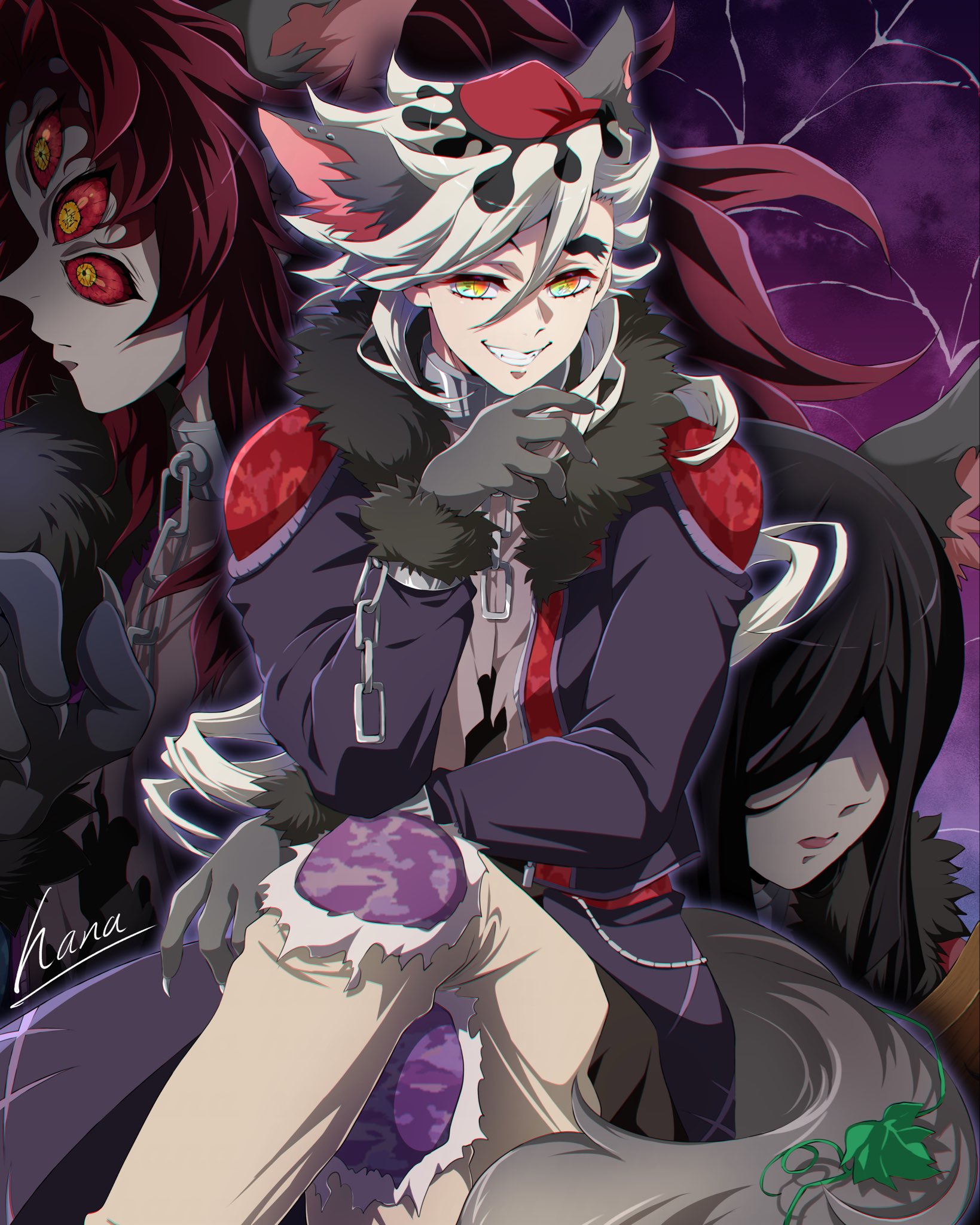 hana ni nare, douma (kimetsu no yaiba), kokushibou, nakime (kimetsu no yaiba), kimetsu no yaiba, highres, 1girl, 2boys, alternate costume, black hair, chain, closed mouth, coat, covered eyes, crossed legs, extra eyes, grin, high ponytail, long hair, looking at viewer, multicolored eyes, multiple boys, pants, ponytail, profile, purple coat, red hair, smile, spiked hair, teeth, torn clothes, torn pants, upper body, very long hair