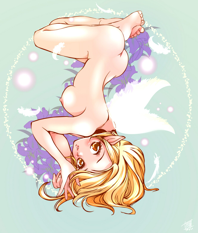 teruchan, original, 1girl, ass, barefoot, blonde hair, blush, breasts, feathers, feet, female focus, flower, large breasts, lips, lying, nipples, nude, pointy ears, short hair, solo, upside-down, wings, yellow eyes