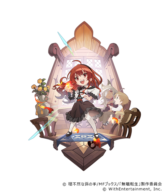 eris greyrat, ghislaine dedoldia, rudeus greyrat, mushoku tensei, sevens story, 1boy, 2girls, ahoge, animal ears, barred window, black bow, black skirt, black tiara, bow, eyepatch, fire, flower, flower in jar, green eyes, indoors, looking at viewer, multiple girls, pantyhose, pyrokinesis, red eyes, rug, scar, scar on face, skirt, smile, sparks, table, talking, tiara, white pantyhose, wolf ears, yellow flower