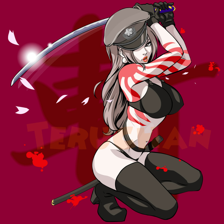 teruchan, original, 1girl, black hair, black thighhighs, blood, breasts, brown hair, cherry blossoms, earrings, female focus, hat, jewelry, katana, large breasts, legs, lips, lipstick, long hair, makeup, mole, navel, rising sun flag, solo, squatting, sun symbol, sun tattoo, sunburst, sword, tan, tattoo, thighhighs, weapon