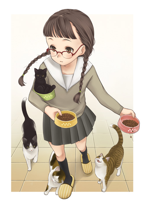 luna2, 1girl, blush, bowl, braid, brown eyes, brown hair, calico (pattern), cat, female focus, glasses, kneehighs, long hair, outside border, pet bowl, pet food, skirt, slippers, socks, solo, striped clothes, striped footwear, tile floor, tiles, twin braids, white slippers, yellow slippers