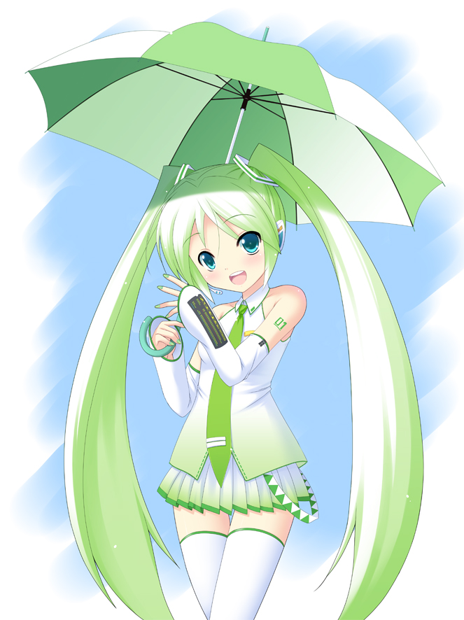 shiou tsuyukusa, hatsune miku, vocaloid, alternate color, aqua eyes, detached sleeves, green hair, long hair, necktie, smile, solo, standing, thighhighs, twintails, umbrella, very long hair