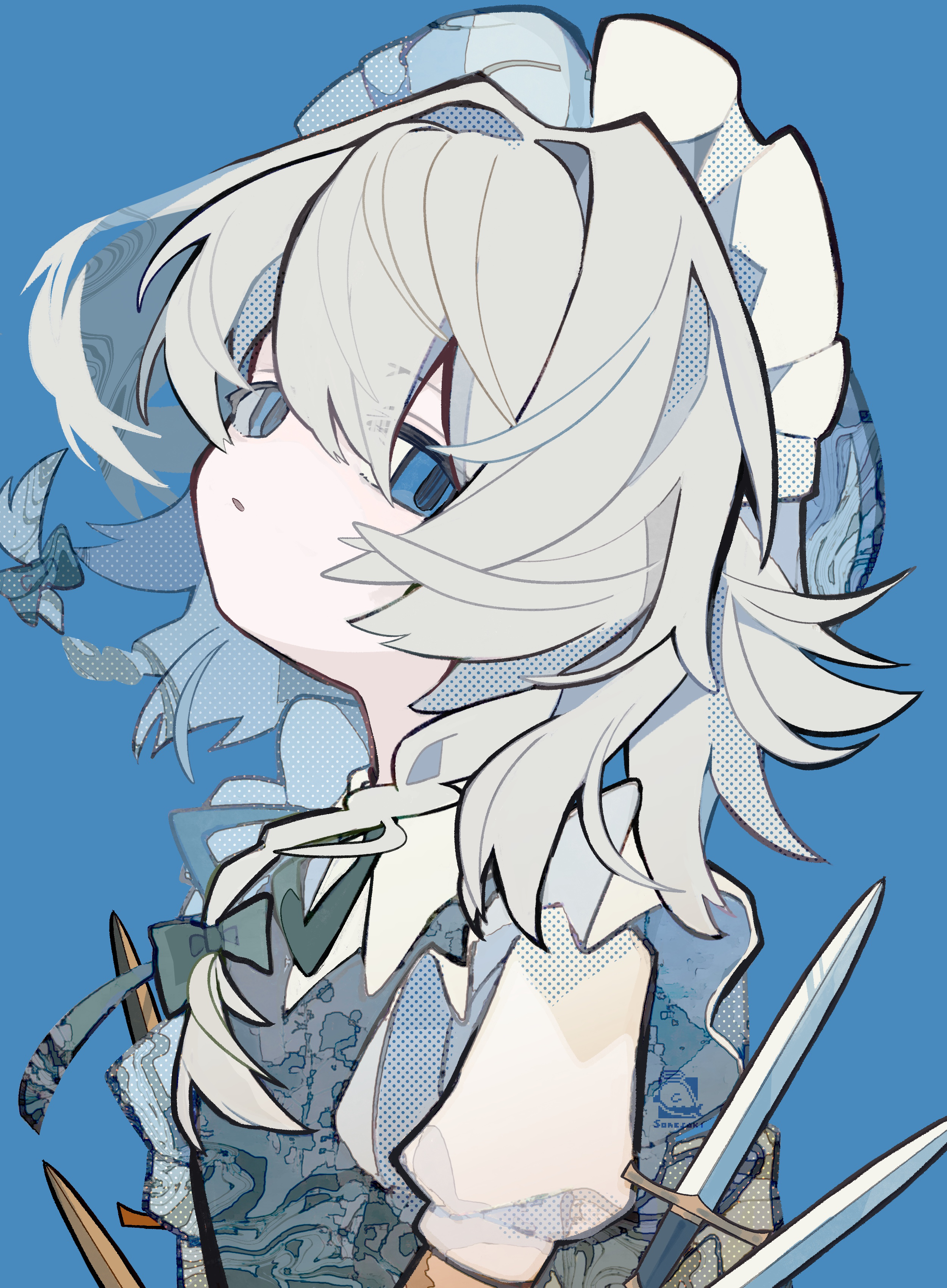 soresaki, izayoi sakuya, touhou, absurdres, highres, 1girl, blue background, blue eyes, blue vest, bow, braid, green bow, grey hair, hair between eyes, hair bow, looking at viewer, parted lips, puffy short sleeves, puffy sleeves, shirt, short sleeves, simple background, solo, vest, white shirt