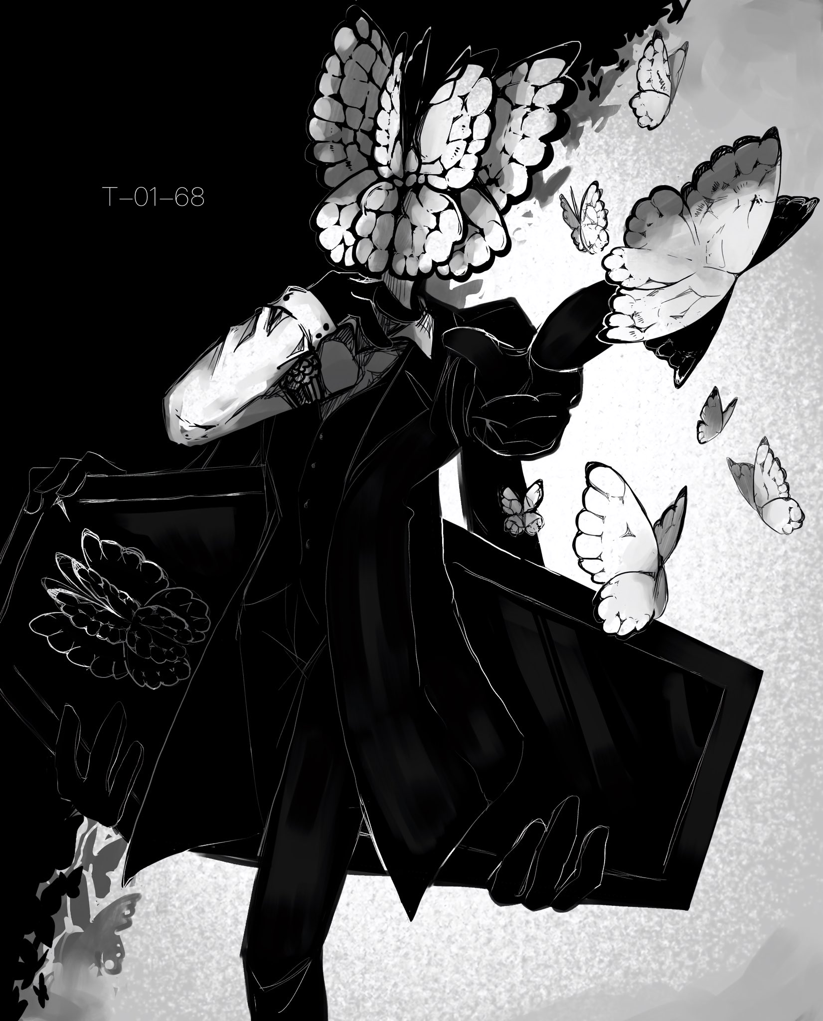 inumata0823, funeral of the dead butterflies, lobotomy corporation, project moon, highres, 1boy, animal head, black butterfly, black coat, black gloves, black pants, black vest, bug, butterfly, character name, coat, coffin, collared shirt, extra arms, feet out of frame, formal clothes, gloves, greyscale, holding, holding coffin, insect, long sleeves, looking at viewer, monochrome, pants, pointing, pointing at viewer, shirt, solo, suit, two-tone background, vest, white butterfly, white shirt