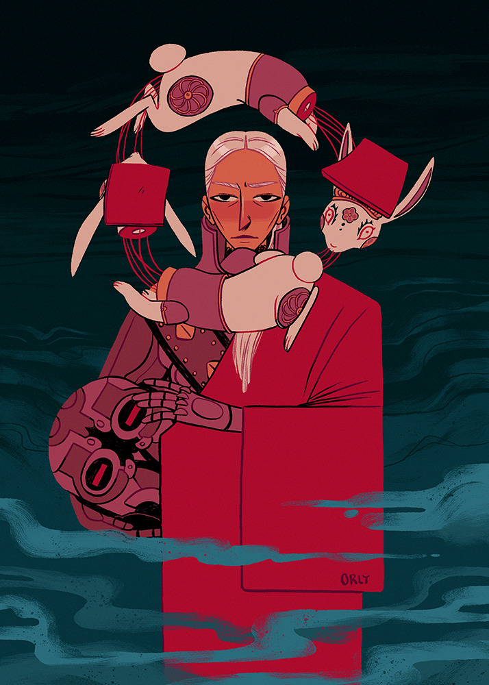 k (kyokugen dasshutsu), kurashiki akane, kyokugen dasshutsu, kyokugen dasshutsu adv: zennin shibou desu, commentary, english commentary, spoilers, 1girl, aurelie-a, closed mouth, fog, hair over shoulder, helmet, holding, holding unworn helmet, long hair, looking at viewer, old, old woman, rabbit, red robe, robe, straight-on, unworn headwear, unworn helmet, white hair, zero iii