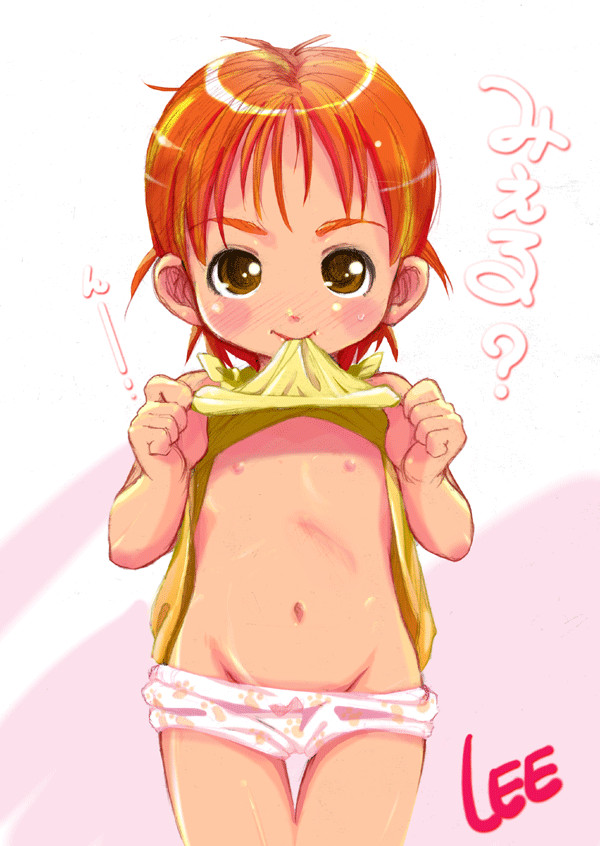lee (colt), 1girl, aged down, bow, bow panties, brown eyes, clothes lift, dress, dress lift, female focus, flat chest, loli, looking at viewer, mouth hold, navel, nipples, orange hair, panties, paw print, paw print pattern, print panties, short hair, sleeveless, sleeveless dress, smile, sweat, underwear, white panties, yellow dress