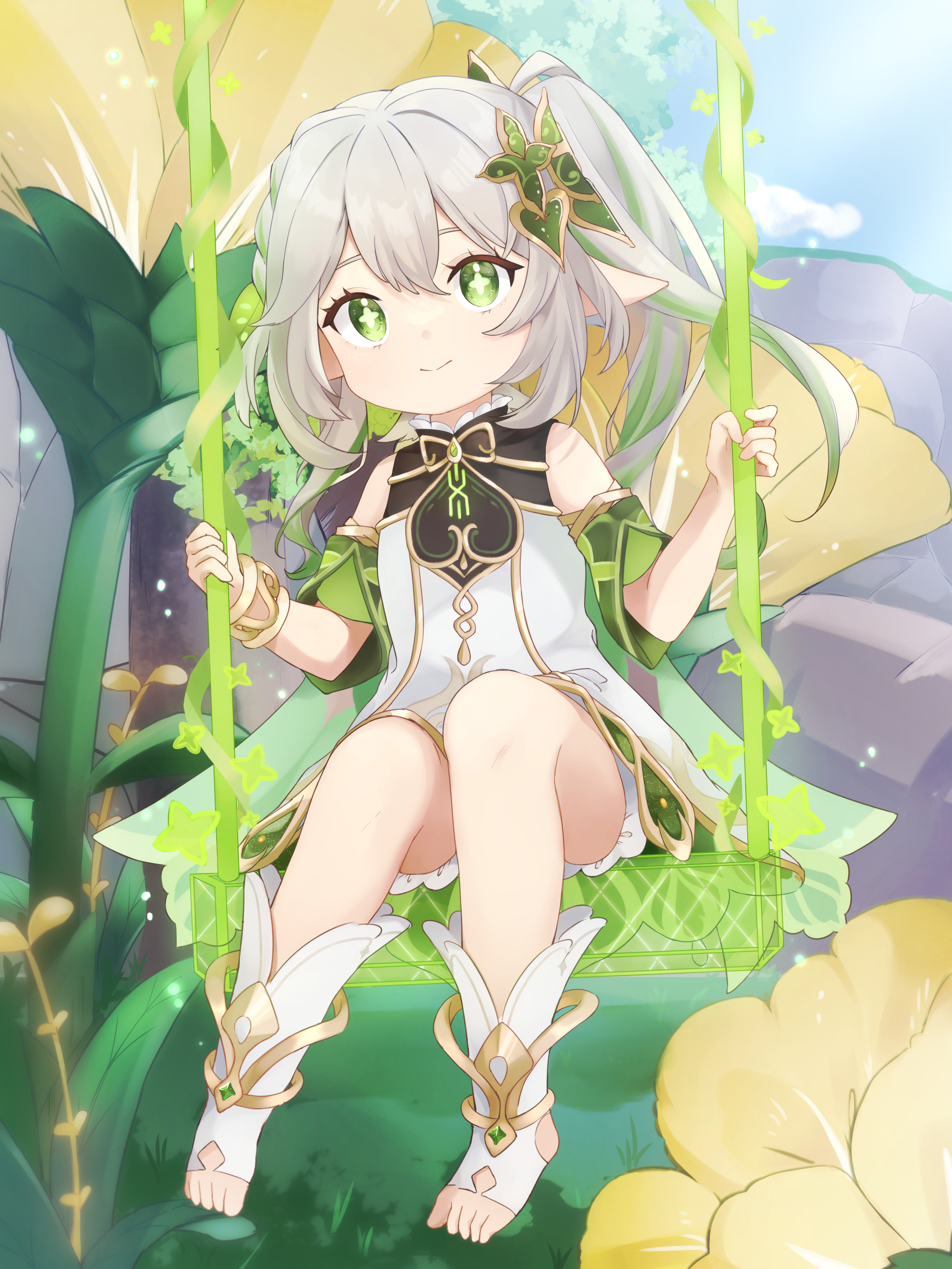 iroha (mimi0618xx), nahida (genshin impact), genshin impact, absurdres, commentary, highres, 1girl, bare shoulders, bloomers, closed mouth, cross-shaped pupils, detached sleeves, dress, full body, gold trim, green eyes, green hair, green sleeves, hair between eyes, hair ornament, leaf hair ornament, long hair, looking at viewer, multicolored hair, on swing, pointy ears, side ponytail, sitting, sleeveless, sleeveless dress, smile, solo, stirrup legwear, swing, symbol-shaped pupils, toeless legwear, toes, underwear, white bloomers, white dress, white hair