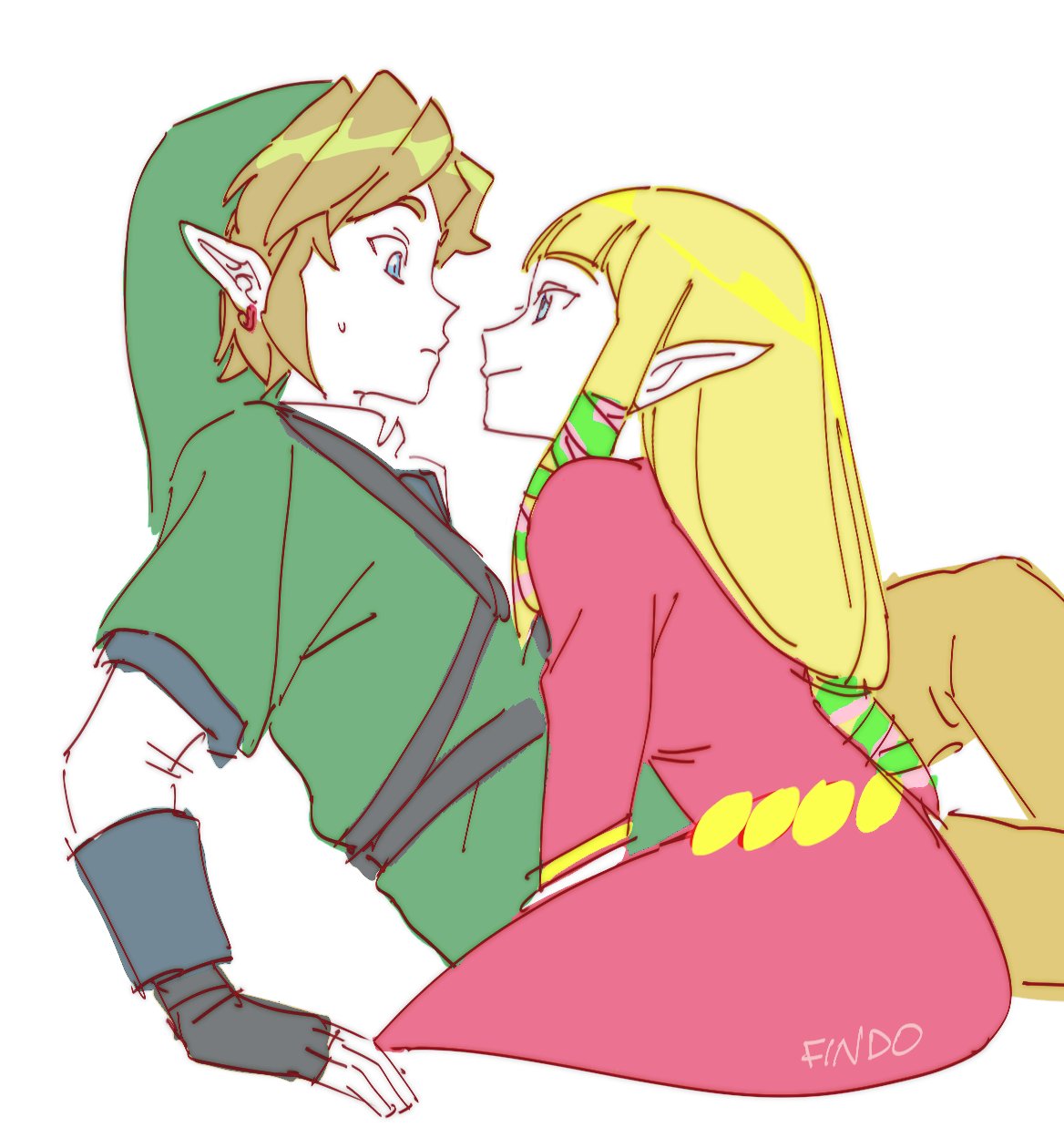 findoworld, link, princess zelda, nintendo, the legend of zelda, the legend of zelda: skyward sword, highres, 1boy, 1girl, artist name, belt, black gloves, blonde hair, blue eyes, blunt bangs, closed mouth, collared shirt, dress, earrings, fingerless gloves, gloves, gold belt, green hat, green ribbon, green tunic, hair ribbon, hat, hetero, jewelry, long dress, long hair, looking at another, low-tied long hair, parted bangs, phrygian cap, pink dress, pink ribbon, pointy ears, ribbon, shirt, short hair, sidelocks, sitting, sketch, smile, sweatdrop, tunic, upper body, white background, white shirt
