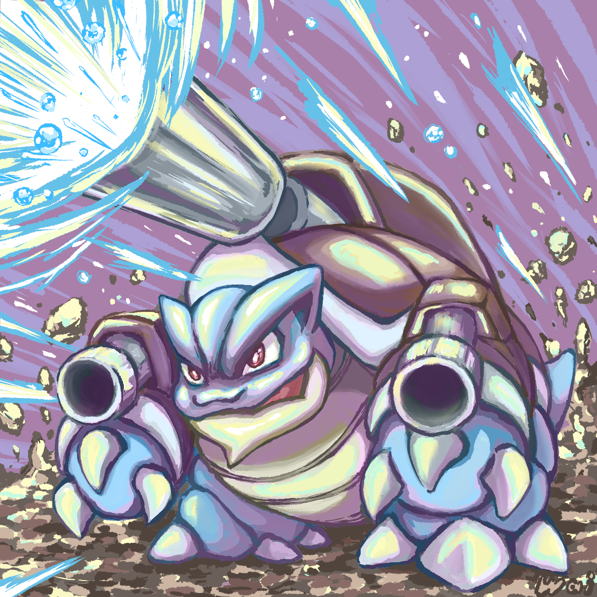 wai152, blastoise, mega blastoise, nintendo, pokemon, commentary request, highres, bright pupils, brown eyes, cannon, claws, debris, full body, gen 1 pokemon, hydro cannon (pokemon), mega pokemon, no humans, open mouth, pokemon (creature), pokemon focus, pokemon move, shell, solo, water, white pupils