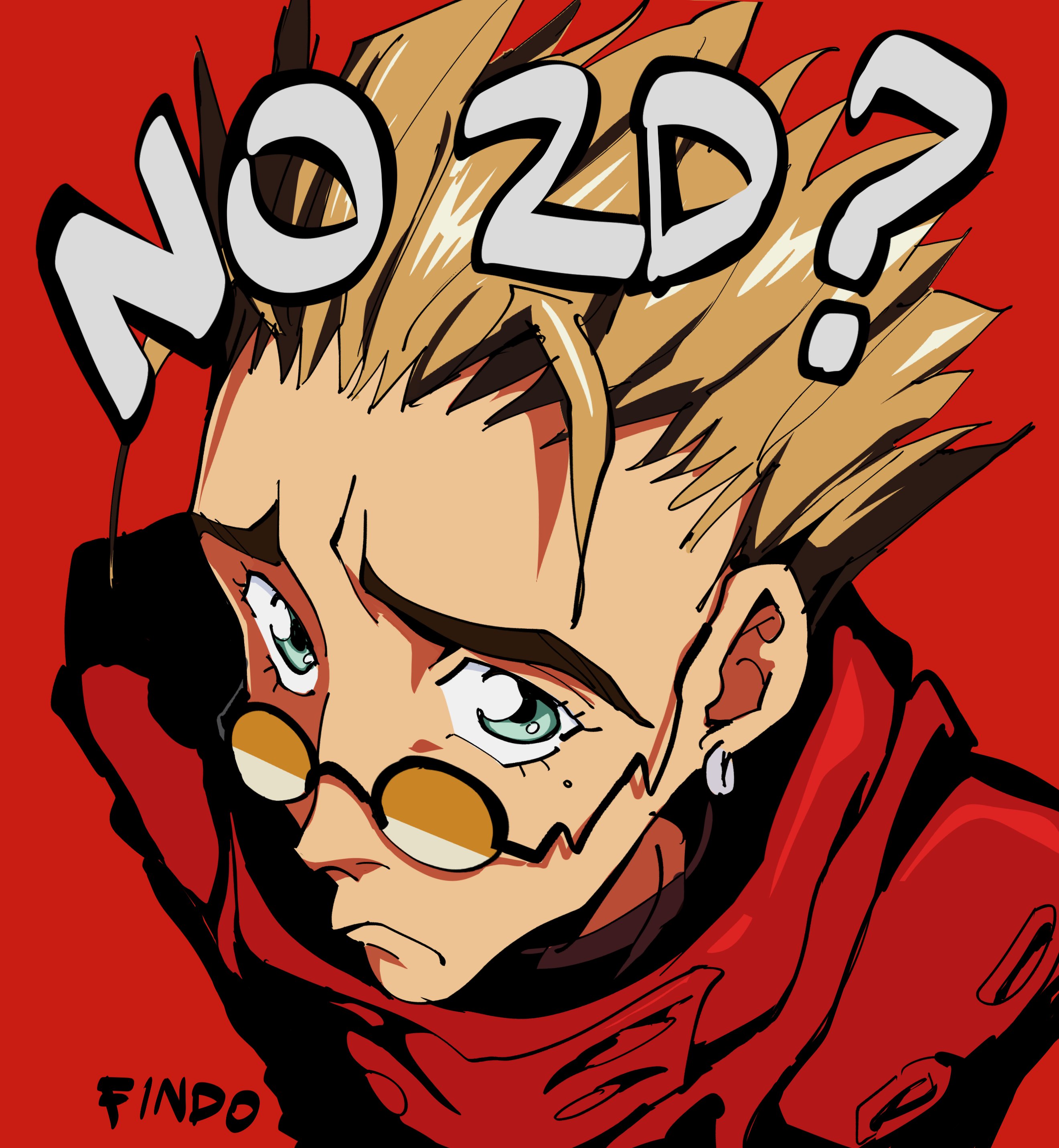 findoworld, vash the stampede, trigun, absurdres, highres, 1boy, artist name, blonde hair, blue eyes, coat, earrings, english text, from above, frown, furrowed brow, jewelry, looking at viewer, male focus, meme, mole, mole under eye, no bitches? (meme), red background, red coat, round eyewear, sketch, solo, spiked hair