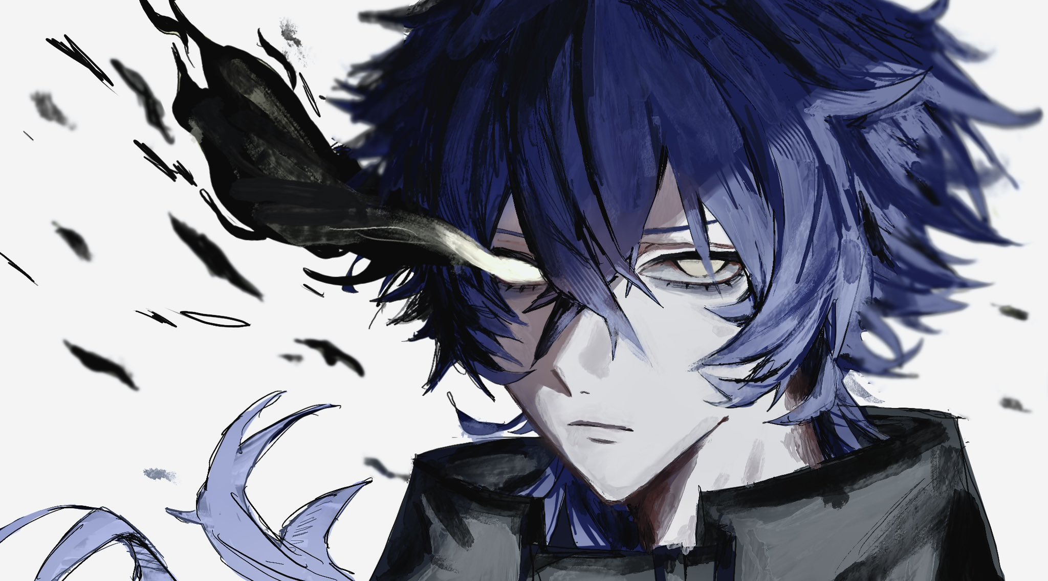 fish (xpzas), flins (genshin impact), genshin impact, commentary request, highres, 1boy, blue hair, closed mouth, crossed bangs, double-parted bangs, empty eyes, eyelashes, floating hair, frown, high collar, looking at viewer, lower eyelashes only, male focus, solo, white background, yellow eyes