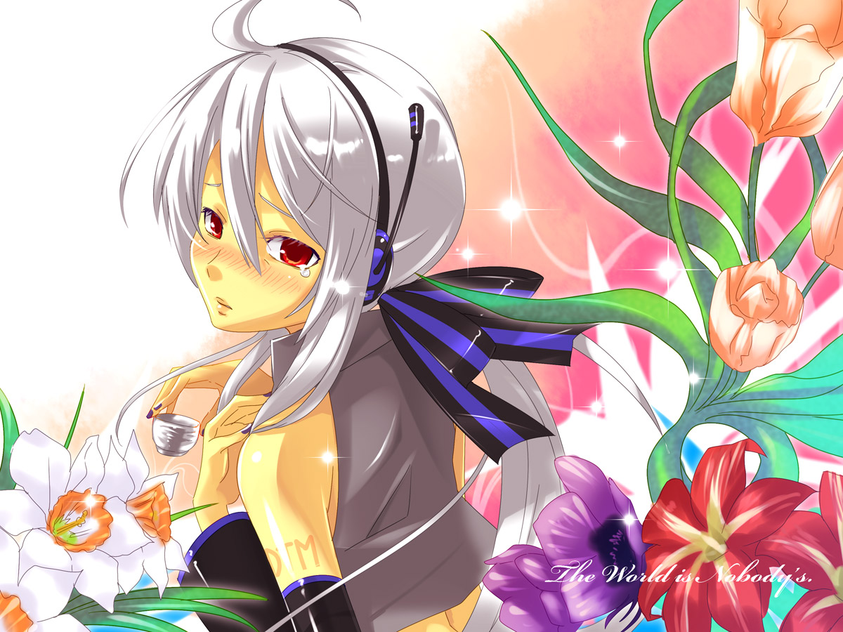 caffein, yowane haku, vocaloid, world is mine (vocaloid), silver hair, 1girl, ahoge, blouse, detached sleeves, female focus, flower, grey shirt, headphones, red eyes, shirt, solo, tattoo, tears