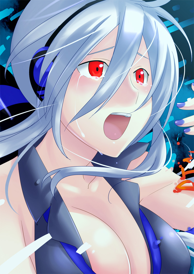 caffein, yowane haku, vocaloid, silver hair, 1girl, ahoge, breasts, cleavage, female focus, headphones, large breasts, nail polish, purple nails, red eyes, solo, tears