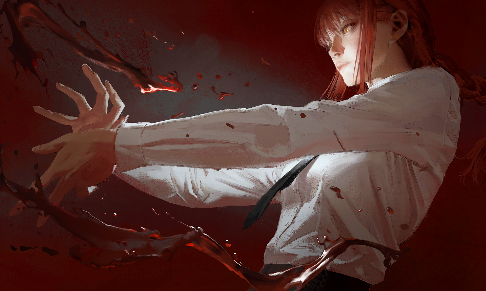 sangsoo jeong, makima (chainsaw man), chainsaw man, highres, 1girl, black necktie, black pants, braid, braided ponytail, collared shirt, dark background, hemokinesis, long hair, looking to the side, necktie, pants, red background, red hair, red theme, shirt, shirt tucked in, sidelocks, solo, white shirt