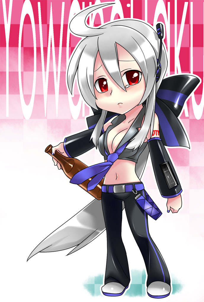 caffein, yowane haku, vocaloid, silver hair, 1girl, ahoge, alcohol, bottle, breasts, chibi, cleavage, detached sleeves, female focus, full body, headphones, large breasts, long hair, red eyes, solo, tears, very long hair