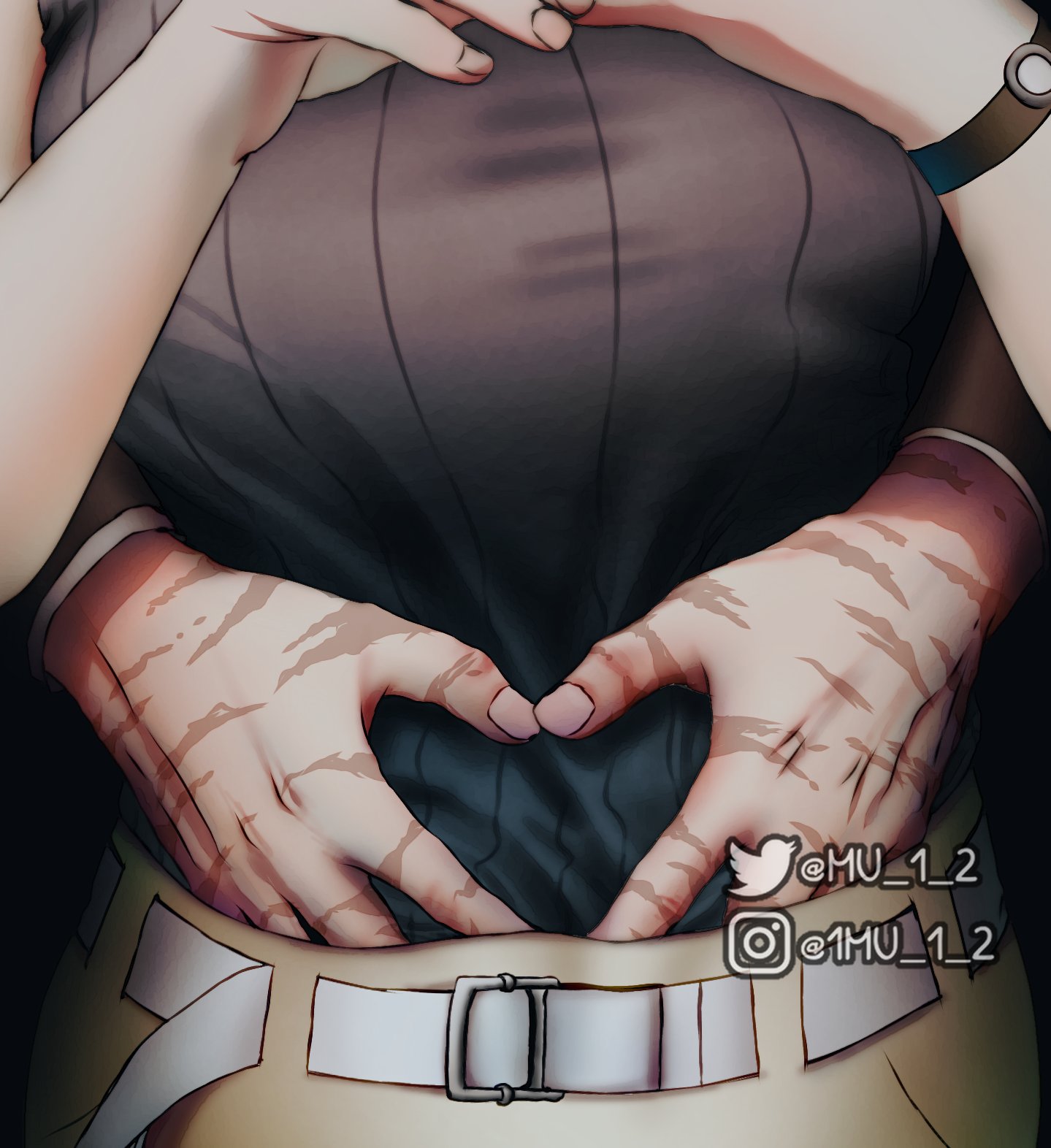mu 1 2, midoriya izuku, uraraka ochako, boku no hero academia, commentary, highres, 1boy, 1girl, belt, breasts, hand under clothes, head out of frame, hetero, huge breasts, instagram username, ribbed shirt, scar, scar on hand, shirt, skirt, sleeveless, sleeveless shirt, twitter username, white belt, wristband, yellow skirt