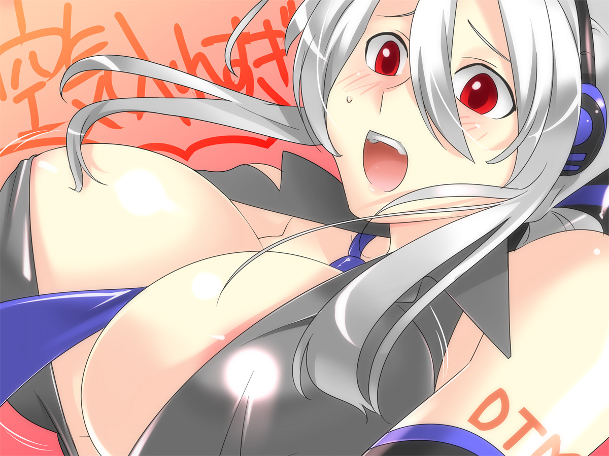 caffein, yowane haku, vocaloid, silver hair, 1girl, ahoge, between breasts, blouse, breasts, cleavage, female focus, grey shirt, headphones, large breasts, necktie, red eyes, shirt, solo, tattoo