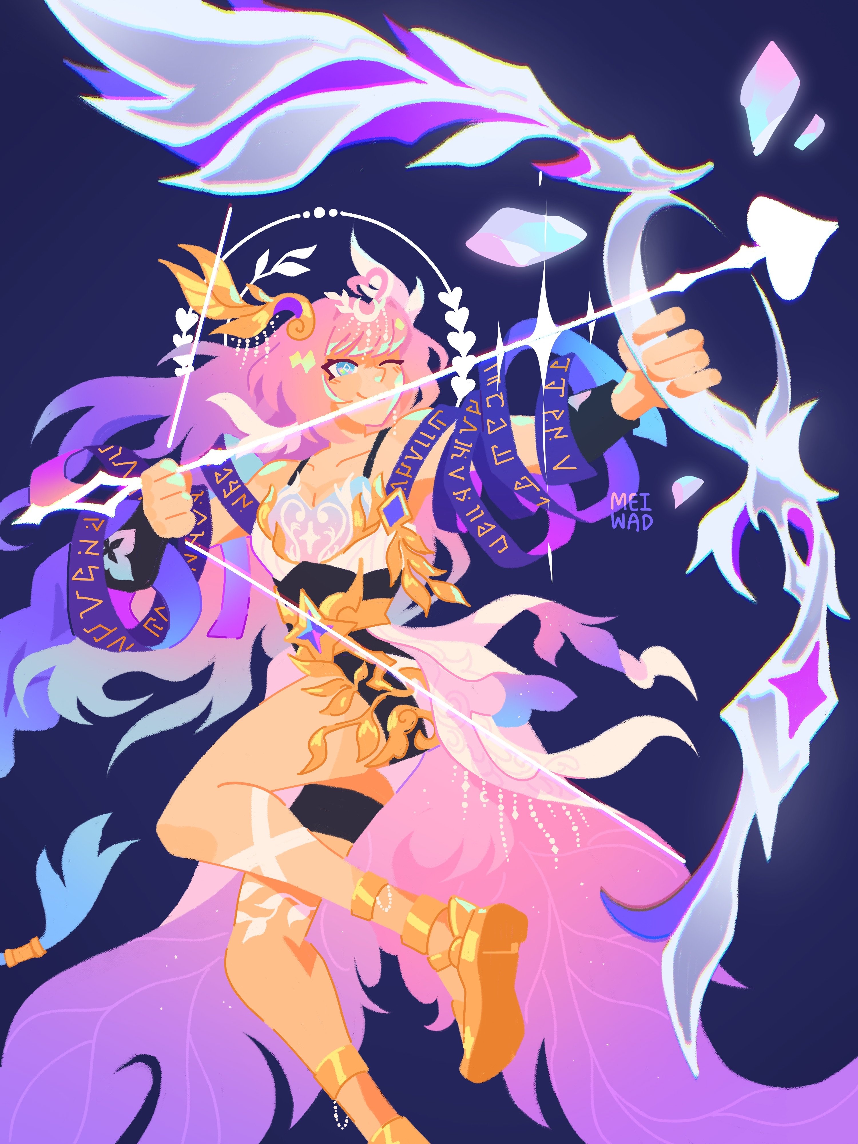 cyrene (honkai: star rail), honkai: star rail, honkai (series), absurdres, commentary, english commentary, highres, 1girl, ;), aiming, aqua hair, arrow (projectile), blue eyes, bow (weapon), breasts, cleavage, coat, cyrene (aedes elysiae) (honkai: star rail), diamond-shaped pupils, diamond (shape), dress, halo, holding, holding arrow, holding bow (weapon), holding weapon, large breasts, long hair, one eye closed, pink hair, purple background, purple coat, sandals, smile, solo, symbol-shaped pupils, thunderglaade, very long hair, weapon, white dress