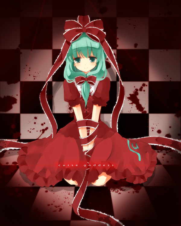 kurot, kagiyama hina, touhou, 1girl, blood, blush, bow, braid, checkered background, dress, female focus, front ponytail, green eyes, green hair, hair bow, matching hair/eyes, red dress, ribbon, sitting, smile, solo