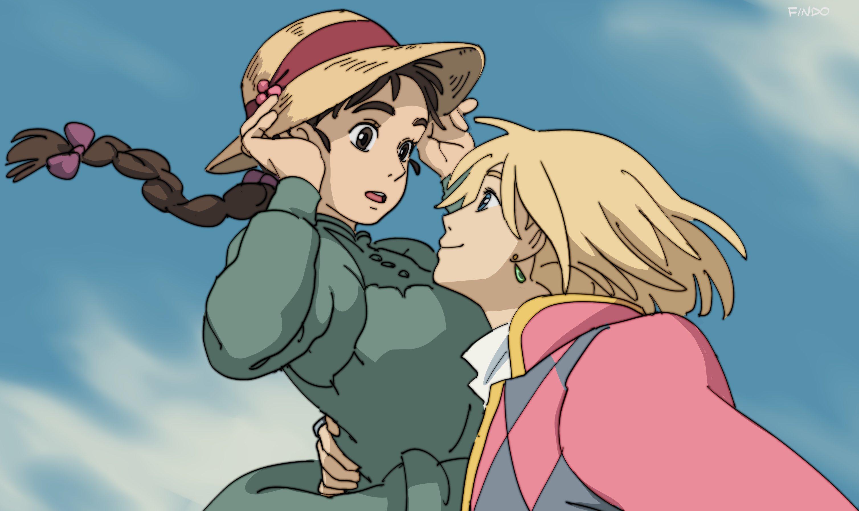 findoworld, sophie hatter (howl no ugoku shiro), howl no ugoku shiro, howl pendragon, highres, 1boy, 1girl, argyle clothes, argyle coat, arm around waist, blonde hair, blue eyes, braid, breasts, brown eyes, brown hair, closed mouth, cloud, cloudy sky, coat, coat on shoulders, collared shirt, couple, dress, earrings, floating hair, green dress, hair ribbon, hands on headwear, hetero, jewelry, juliet sleeves, long hair, long sleeves, looking at another, medium breasts, parted lips, puffy sleeves, ribbon, shirt, single braid, sky, smile, upper body, white shirt