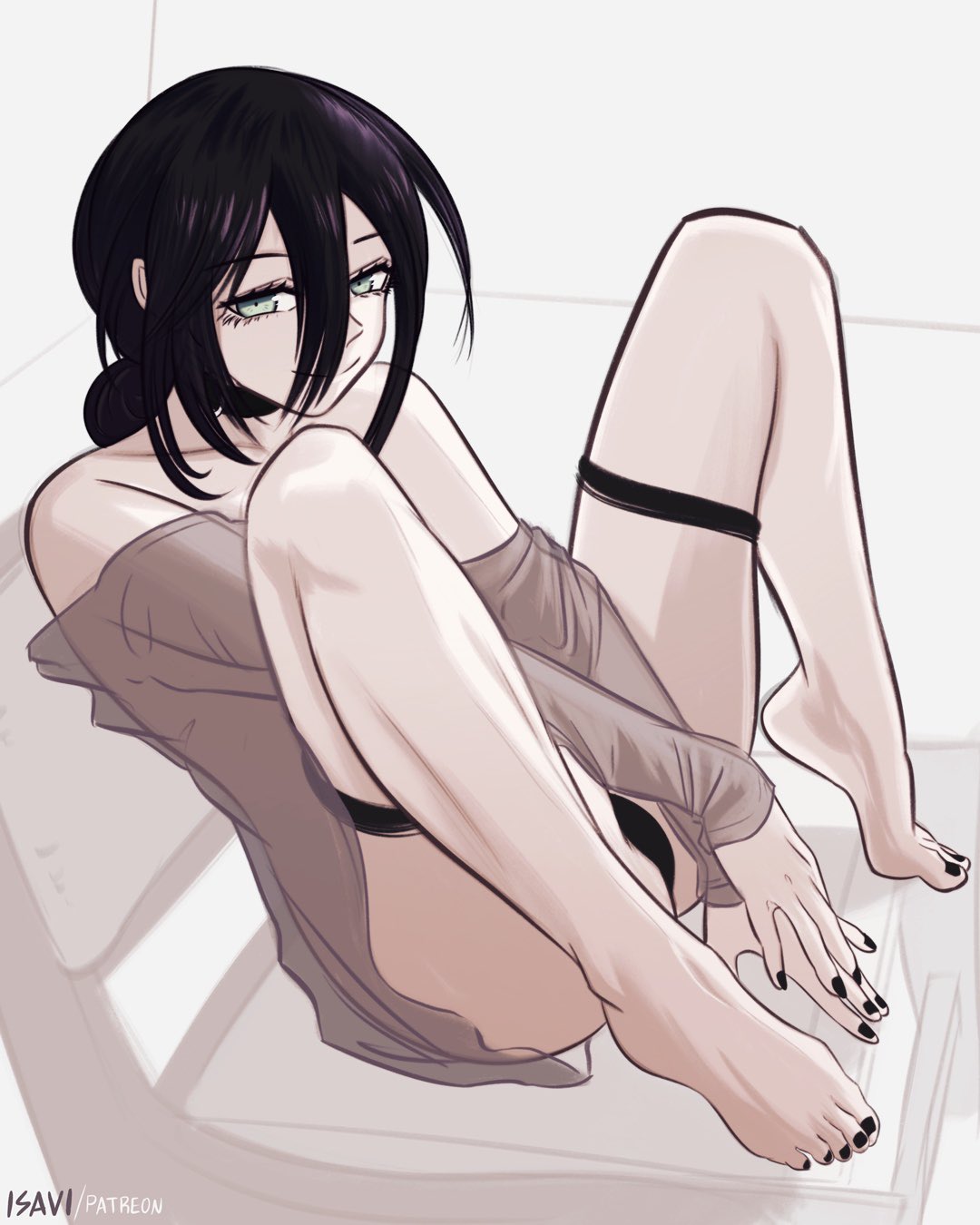 isavi, reze (chainsaw man), chainsaw man, highres, 1girl, black choker, black hair, black panties, chair, choker, green eyes, grey shirt, hair between eyes, hair bun, knees up, on chair, panties, shirt, sitting, solo, spread legs, thigh strap, underwear