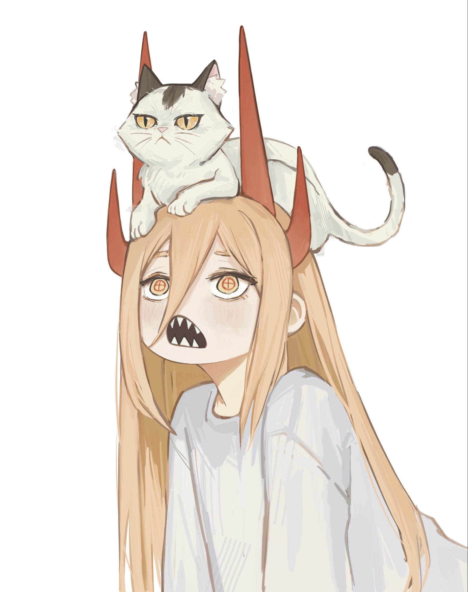 tarinne, meowy (chainsaw man), power (chainsaw man), chainsaw man, highres, 1girl, animal, animal on head, blonde hair, cat, cat on head, cross-shaped pupils, demon girl, demon horns, horns, long hair, on head, red horns, sharp teeth, shirt, simple background, solo, symbol-shaped pupils, teeth, white background, white shirt, yellow eyes