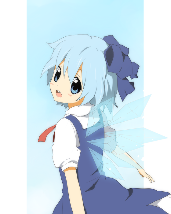 kurot, cirno, embodiment of scarlet devil, touhou, bad id, bad pixiv id, 1girl, blue eyes, blue hair, bow, dress, female focus, hair bow, ice, looking back, matching hair/eyes, open mouth, solo, wings