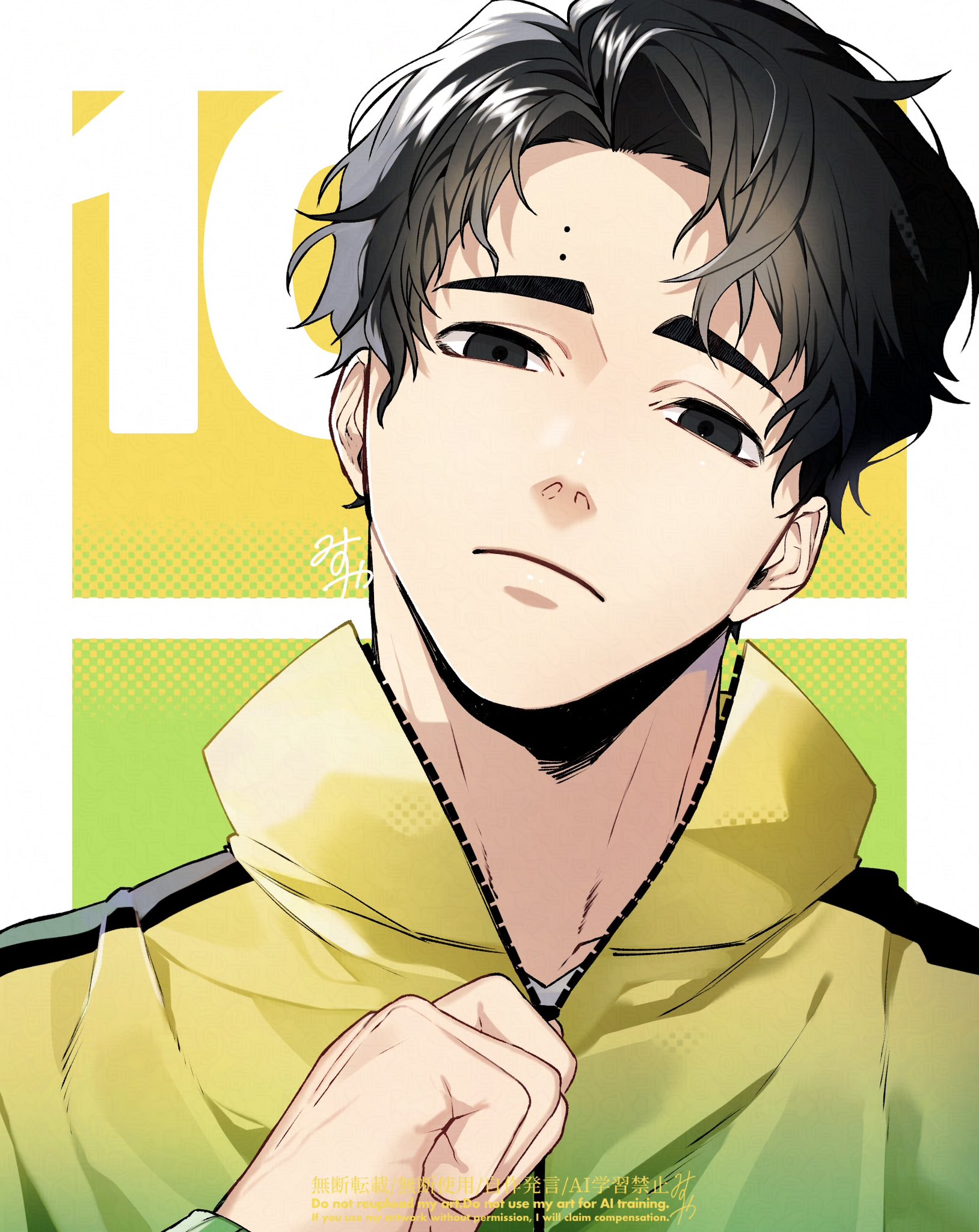omg genjitsu, sakusa kiyoomi, haikyuu!!, commentary request, highres, 1boy, arm up, black eyes, black hair, closed mouth, collared jacket, head tilt, jacket, looking at viewer, male focus, parted hair, partially unzipped, portrait, short hair, signature, solo, striped clothes, striped jacket, vertical-striped clothes, vertical-striped jacket, watermark, wavy hair, yellow jacket