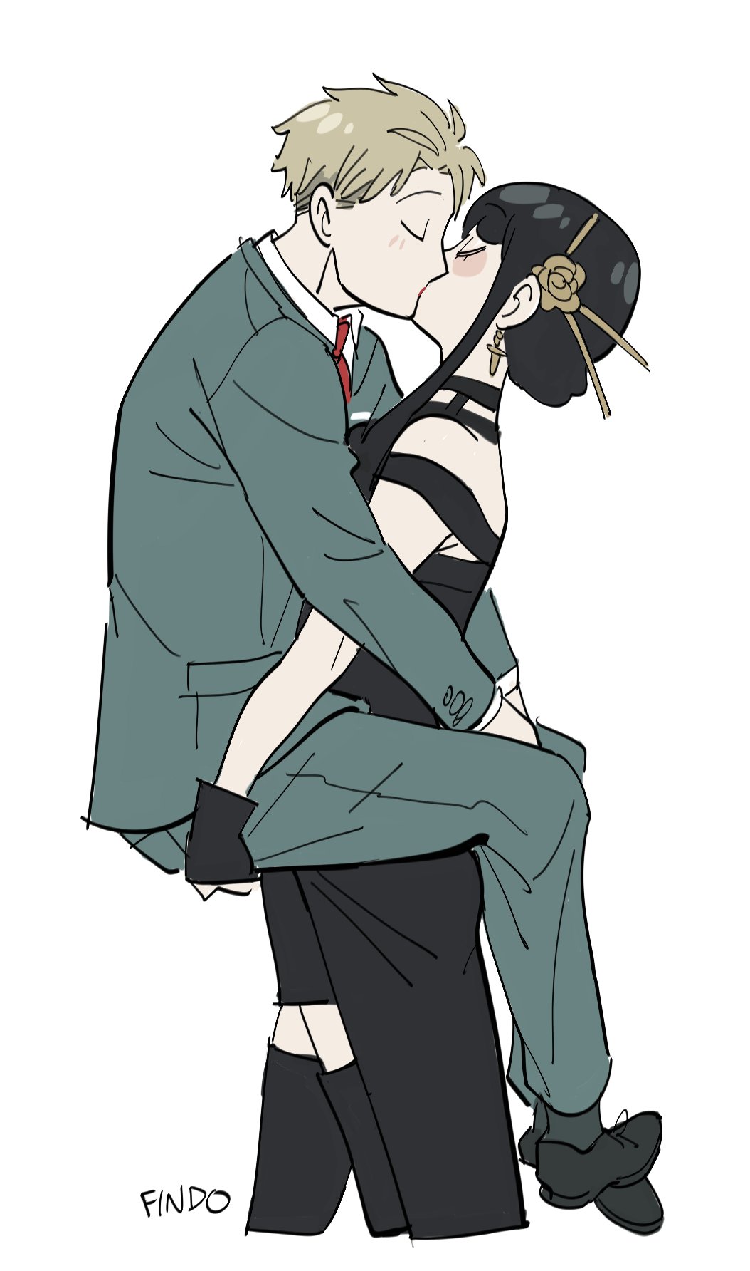 findoworld, twilight (spy x family), yor briar, spy x family, highres, 1boy, 1girl, artist name, black boots, black dress, black hair, black shoes, blonde hair, blush, boots, closed eyes, collared shirt, couple, dress, earrings, flower, formal clothes, gold earrings, gold hairband, green jacket, green pants, green suit, hair flower, hair ornament, hair stick, hairband, hetero, high-low dress, jacket, jewelry, long hair, necktie, pants, red necktie, shirt, shoes, short hair, sidelocks, suit, suit jacket, thigh boots, updo, upper body, white background, white shirt