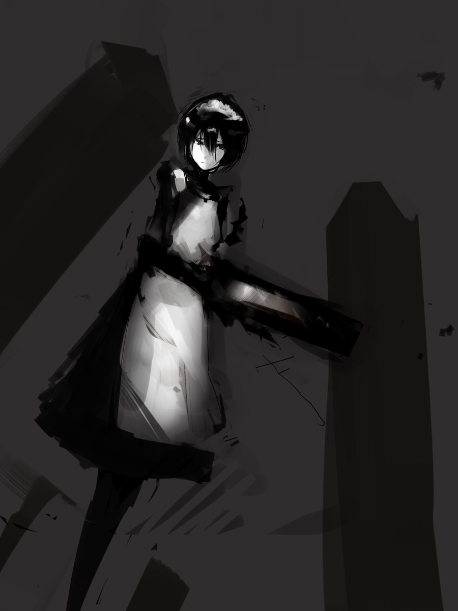 un-known (ninesix), sanakan, blame!, bad id, bad pixiv id, highres, 1girl, alternate costume, dark, enmaided, female focus, maid, monochrome, red eyes, solo, spot color