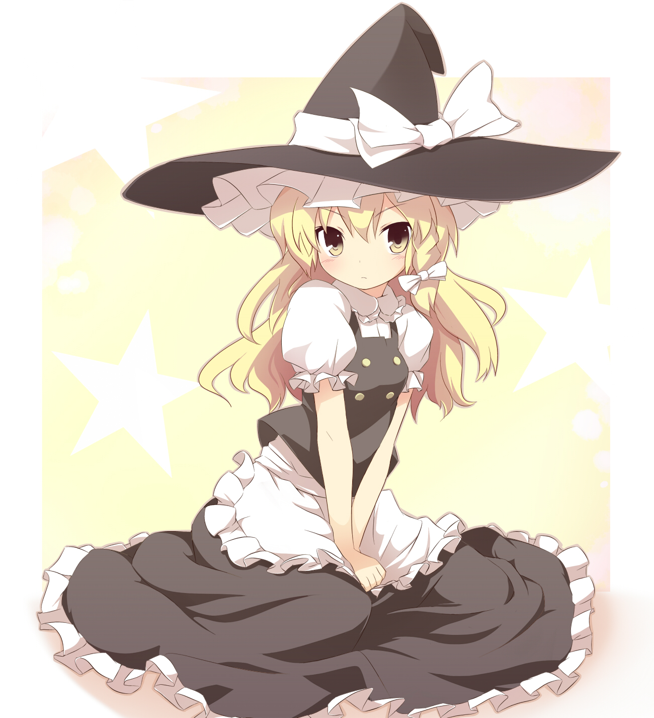miko machi, kirisame marisa, touhou, highres, 1girl, apron, blonde hair, blush, braid, expressionless, female focus, full body, gradient background, hat, sitting, skirt, solo, star (symbol), v arms, white background, witch, witch hat, yellow eyes