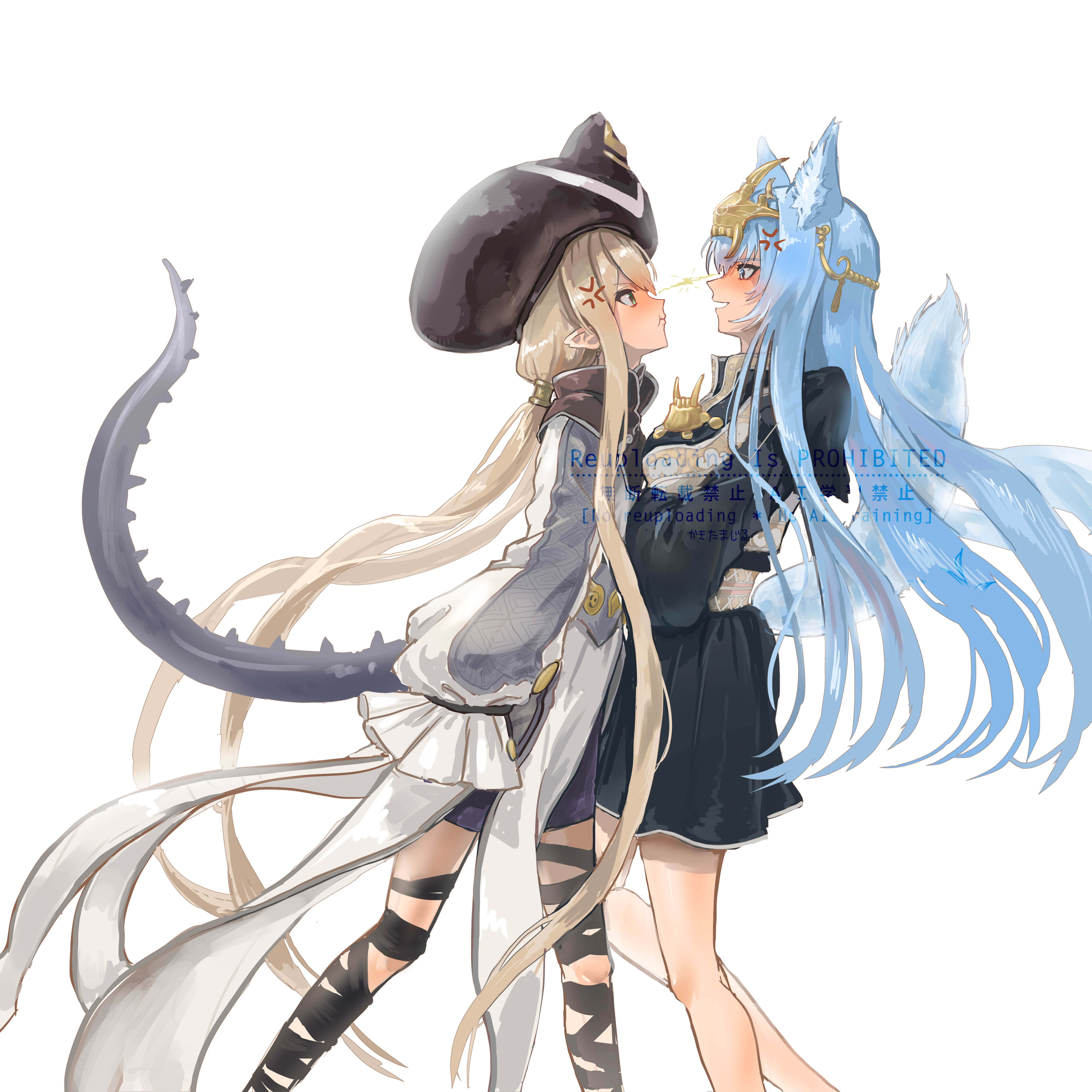 iipzeyjhms0dohl, hati (fire emblem), shea (fire emblem), fire emblem, fire emblem shadows, nintendo, absurdres, highres, 2girls, animal ear fluff, animal ears, blonde hair, blue hair, breast press, breasts, dragon girl, dragon horns, glaring, hair between eyes, hat, horns, lightning glare, long hair, long sleeves, medium breasts, multiple girls, pointy ears, pout, red eyes, sidelocks, small breasts, tail, very long hair, wolf girl, wolf tail