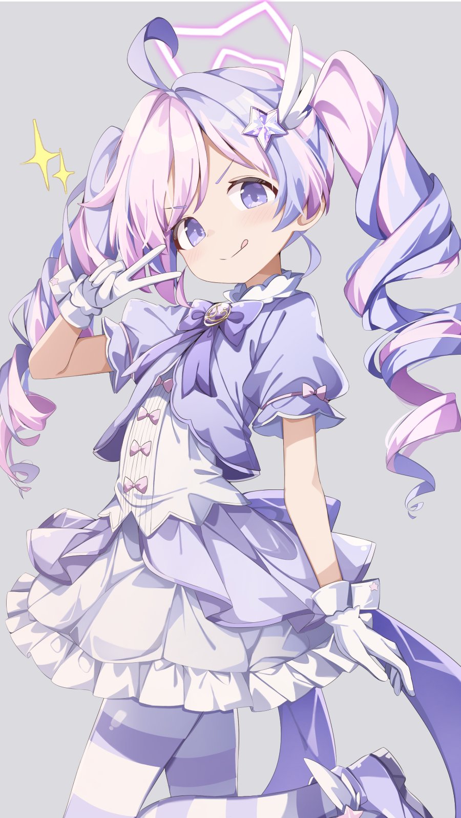 sabana, reisa (blue archive), reisa (magical) (blue archive), blue archive, highres, 1girl, ahoge, bow, closed mouth, dress, drill hair, gloves, grey background, hair ornament, halo, hand up, magical girl, multicolored hair, official alternate costume, official alternate hairstyle, pantyhose, pink bow, pink hair, puffy short sleeves, puffy sleeves, purple bow, purple hair, shoes, short sleeves, simple background, solo, standing, standing on one leg, star (symbol), star hair ornament, striped clothes, striped pantyhose, tongue, tongue out, twin drills, twintails, two-tone hair, v, v-shaped eyebrows, white gloves