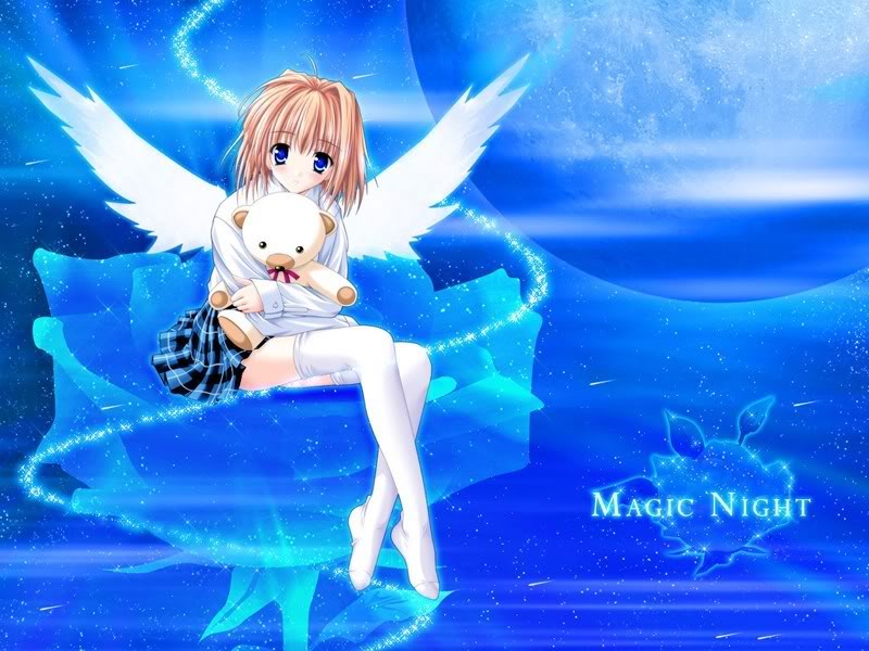 angel, blue eyes, blush, brown hair, glitter, hug, magic night, moon, plaid clothes, plaid skirt, pleated skirt, short hair, sitting, skirt, stuffed animal, stuffed toy, teddy bear, thighhighs, wings