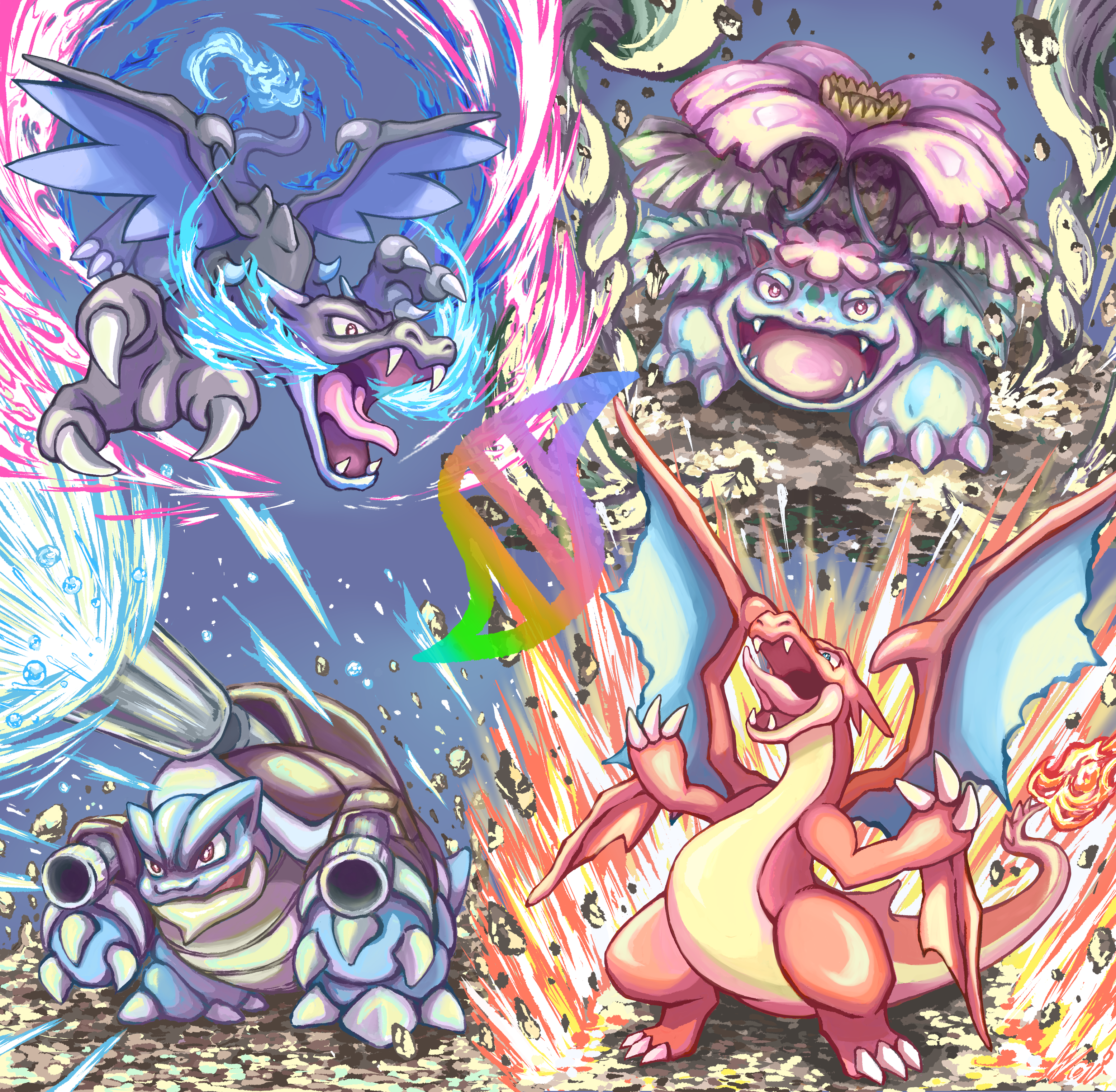 wai152, blastoise, charizard, mega blastoise, mega charizard x, mega charizard y, mega venusaur, venusaur, nintendo, pokemon, absurdres, commentary request, highres, aqua eyes, blue fire, breath weapon, breathing fire, bright pupils, brown eyes, cannon, claws, debris, dragon, dragon wings, explosion, fangs, fire, flame-tipped tail, flower, flying, frenzy plant (pokemon), full body, gen 1 pokemon, hydro cannon (pokemon), leaf, mega evolution symbol, mega pokemon, no humans, nostrils, open mouth, pink flower, plant, plant roots, pokemon (creature), pokemon focus, pokemon move, red eyes, shell, smile, spikes, spines, tail, tongue, vines, water, white pupils, wings