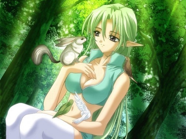 breasts, brown eyes, cleavage, elf, forest, green hair, long hair, nature, navel, pointy ears, smile