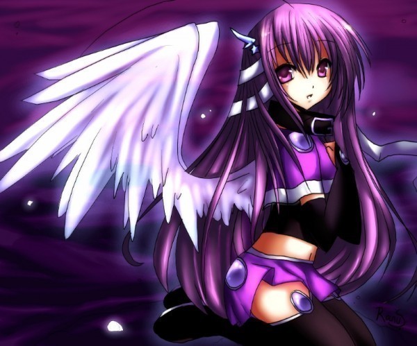 angel, collar, hair ribbon, kneeling, long hair, purple eyes, purple hair, ribbon, wings