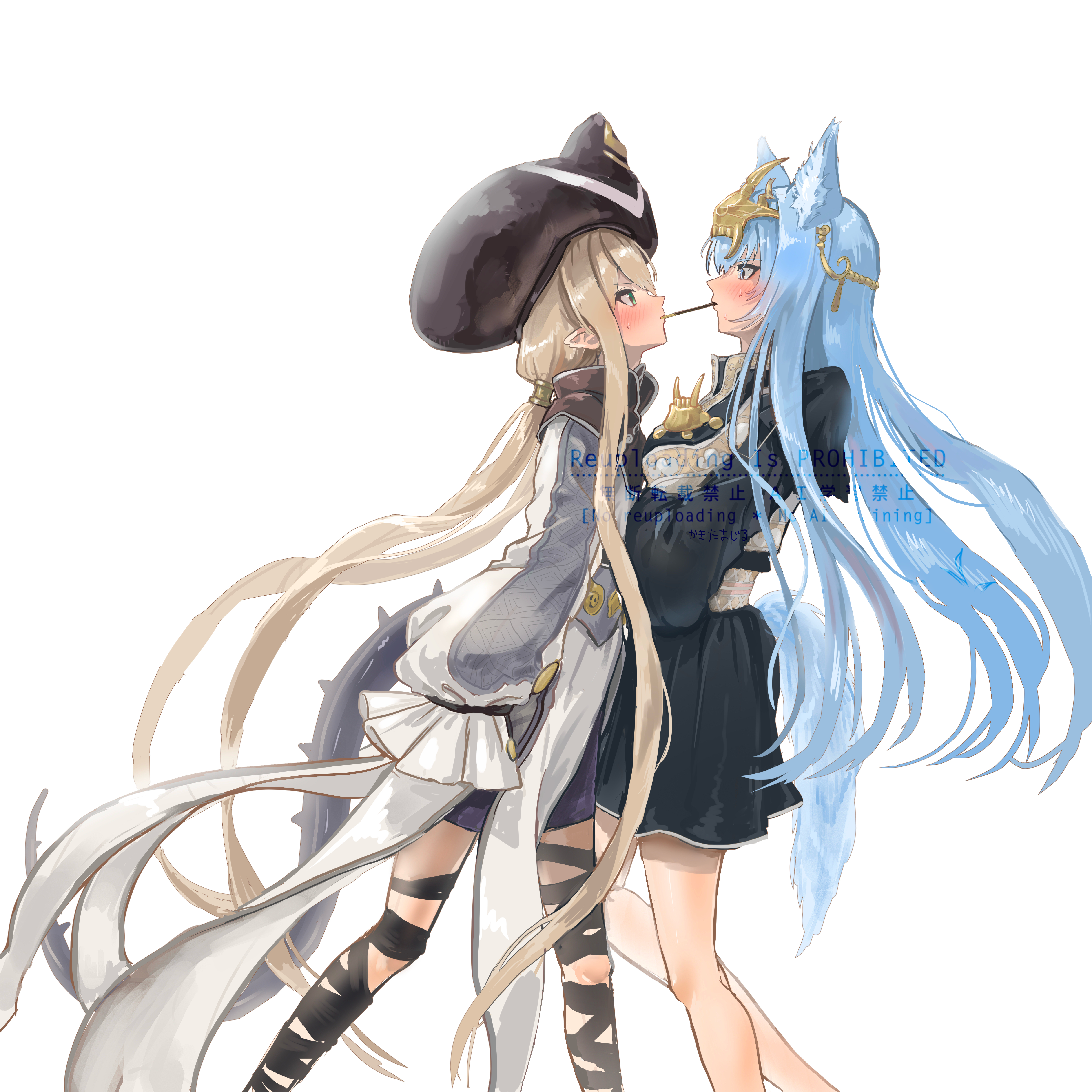 iipzeyjhms0dohl, hati (fire emblem), shea (fire emblem), fire emblem, fire emblem shadows, nintendo, absurdres, highres, 2girls, animal ear fluff, animal ears, blonde hair, blue hair, blush, breast press, breasts, dragon girl, dragon horns, food, hair between eyes, hat, horns, long hair, long sleeves, medium breasts, multiple girls, pocky, pocky kiss, pointy ears, pout, red eyes, shared food, sidelocks, small breasts, tail, very long hair, wolf girl, wolf tail, yuri