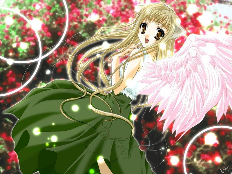 angel, animal ears, blonde hair, brown eyes, cat ears, dress, long hair, open mouth, smile, wings