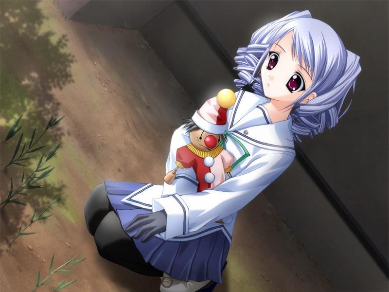 tagme, blue hair, clown, curly hair, gloves, kneeling, red eyes, short hair