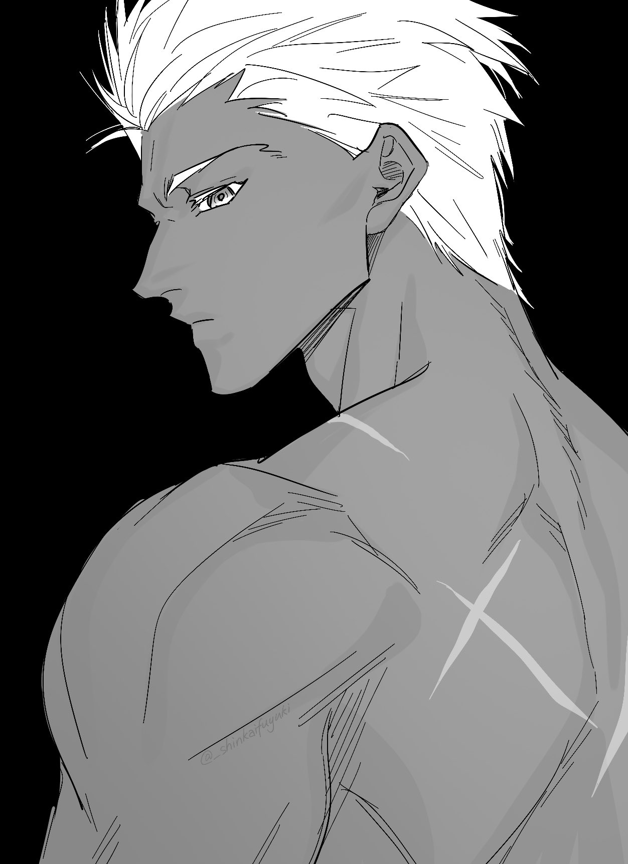 shinkaifuyuki, archer (fate), fate/stay night, fate (series), highres, 1boy, cross scar, dark-skinned male, dark skin, frown, greyscale, male focus, monochrome, scar, scar on face, scar on shoulder, solo, topless male, upper body