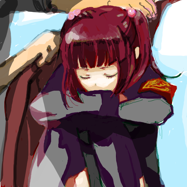 gm, amakusa juuza, ushiromiya ange, umineko no naku koro ni, bad id, bad pixiv id, 00s, 1boy, 1girl, armband, blanket, blunt bangs, closed eyes, covering with blanket, crossed arms, eyelashes, hair bobbles, hair ornament, red hair, sleeping, solo focus, twintails