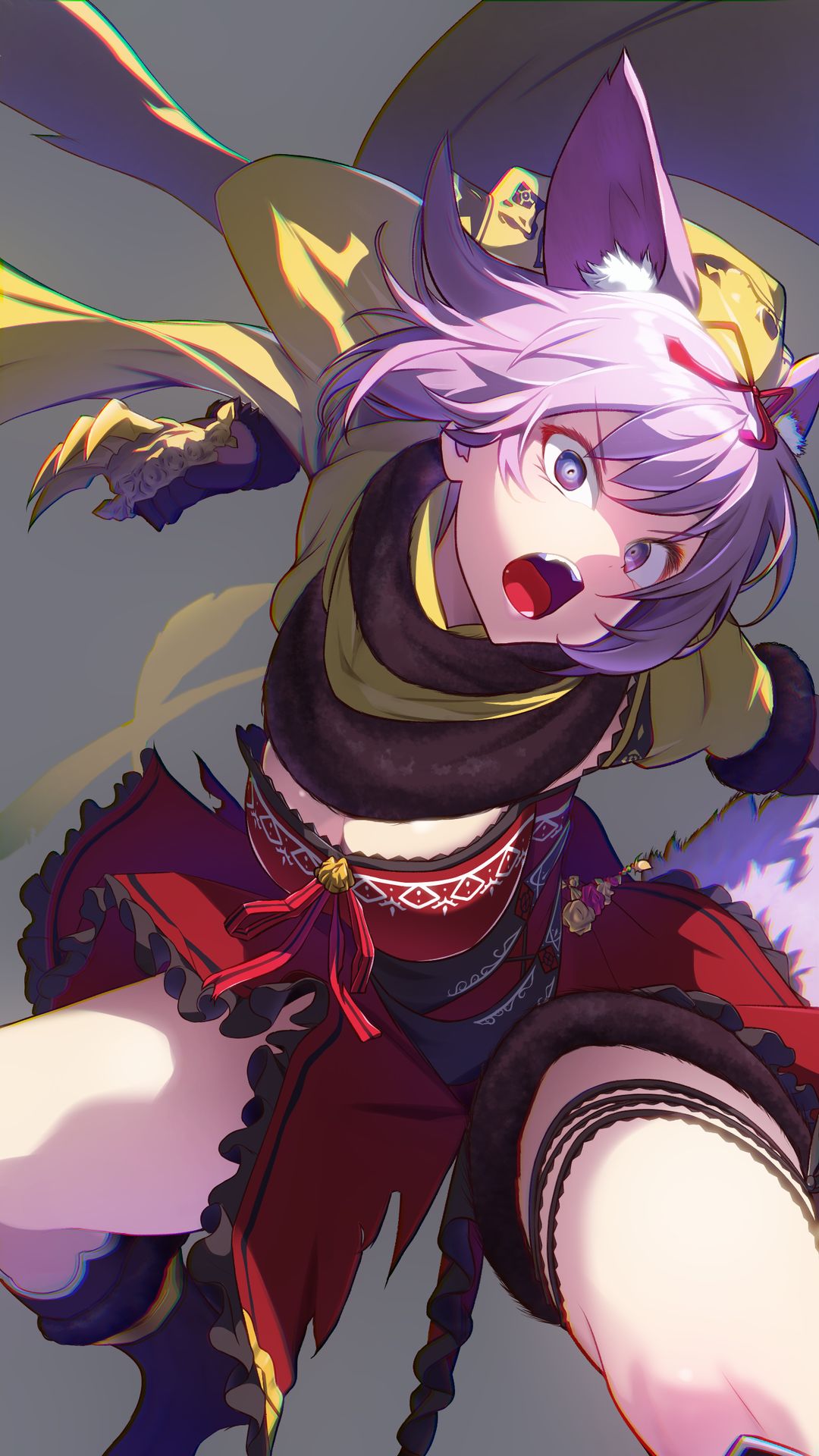 netarou (shinra), chaos belle (grimms notes), grimms notes, 1girl, animal ear fluff, animal ears, black shirt, blue eyes, claw (weapon), eyelashes, fang, fighting stance, foot out of frame, foreshortening, frilled skirt, frills, grey background, hair ribbon, incoming attack, looking at viewer, medium hair, open mouth, purple hair, red ribbon, red skirt, ribbon, scarf, serious, shirt, simple background, skirt, solo, standing, tail, teeth, thigh strap, upper teeth only, v-shaped eyebrows, weapon, wide-eyed, yellow scarf