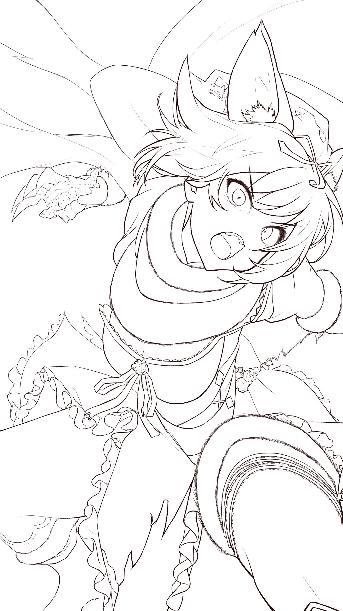 netarou (shinra), chaos belle (grimms notes), grimms notes, unfinished, 1girl, animal ear fluff, animal ears, claw (weapon), eyelashes, fang, fighting stance, foot out of frame, foreshortening, frilled skirt, frills, hair ribbon, incoming attack, lineart, looking at viewer, medium hair, open mouth, ribbon, scarf, serious, shirt, simple background, skirt, solo, standing, tail, teeth, thigh strap, upper teeth only, v-shaped eyebrows, weapon, white background, wide-eyed