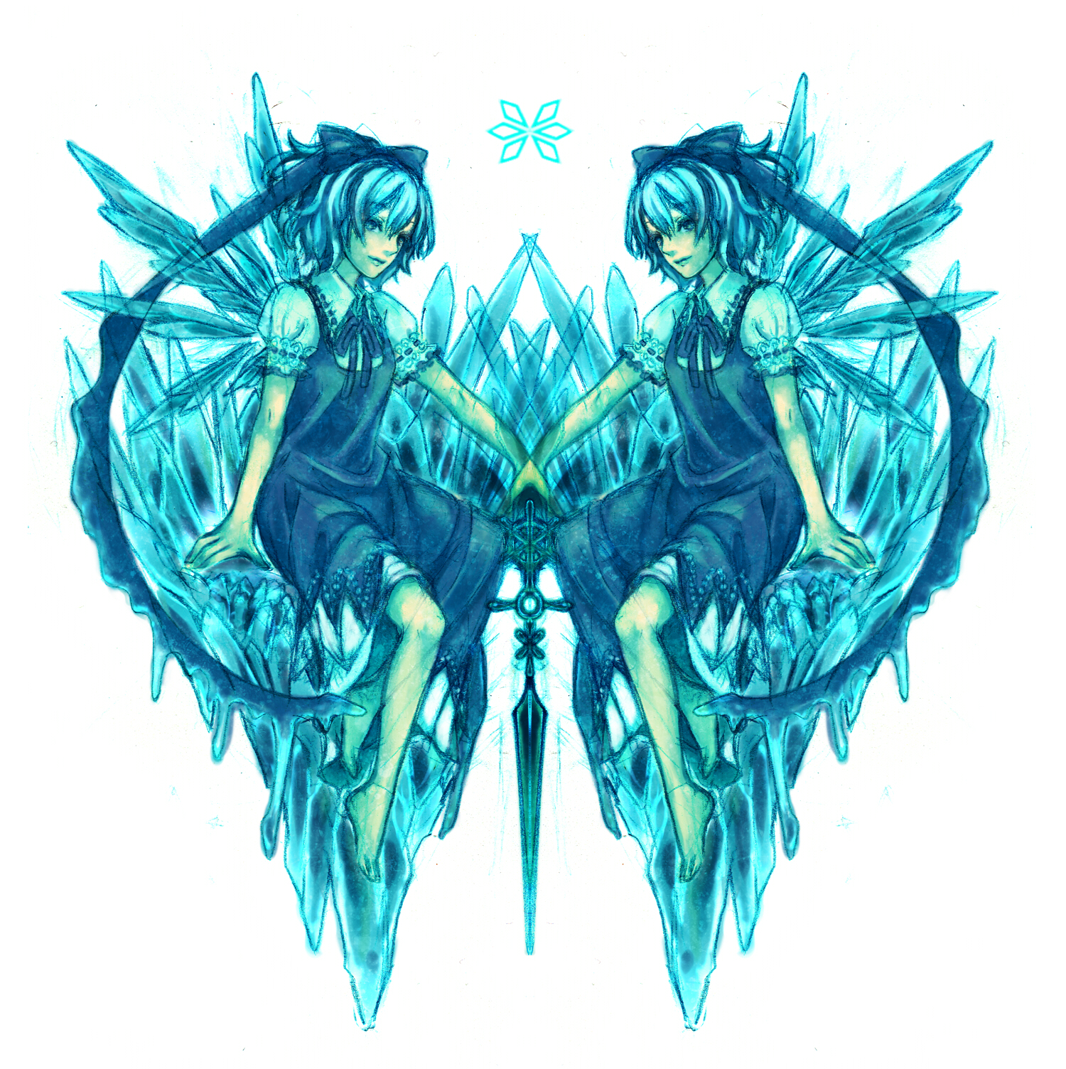 te okure, teo kure, cirno, touhou, bad id, bad pixiv id, highres, 2girls, blue eyes, blue hair, dress, female focus, ice, multiple girls, sword, symmetry, weapon, white background, wings