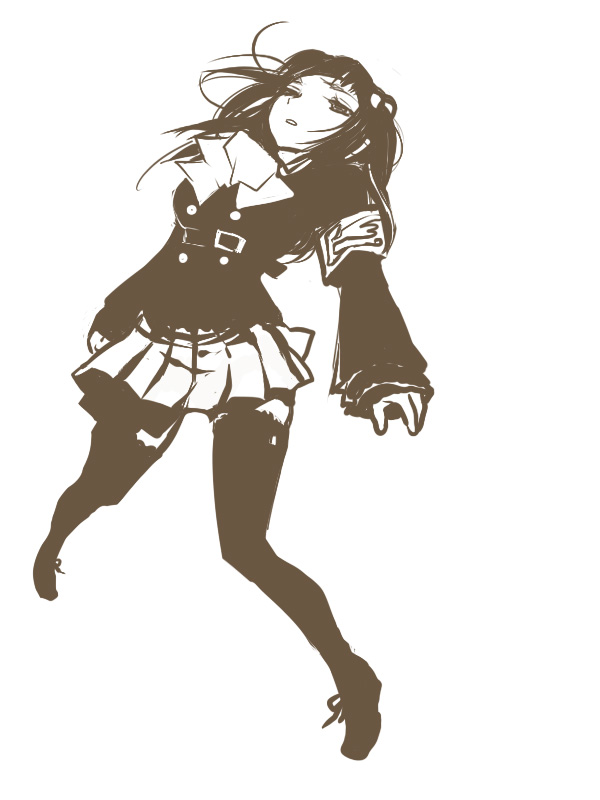 gm, ushiromiya ange, umineko no naku koro ni, bad id, bad pixiv id, 00s, 1girl, armband, brown theme, female focus, hair bobbles, hair ornament, jacket, long hair, monochrome, ribbon, simple background, solo, thighhighs, twintails, two side up, white background, zettai ryouiki