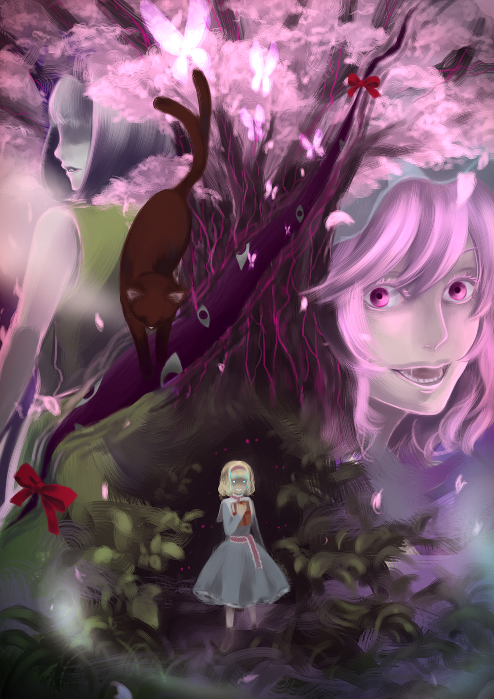 te okure, teo kure, alice margatroid, chen, chen (cat), konpaku youmu, saigyou ayakashi, saigyouji yuyuko, perfect cherry blossom, touhou, bad id, bad pixiv id, highres, 3girls, bug, butterfly, cat, creepy, female focus, gap (touhou), horror (theme), insect, multiple girls
