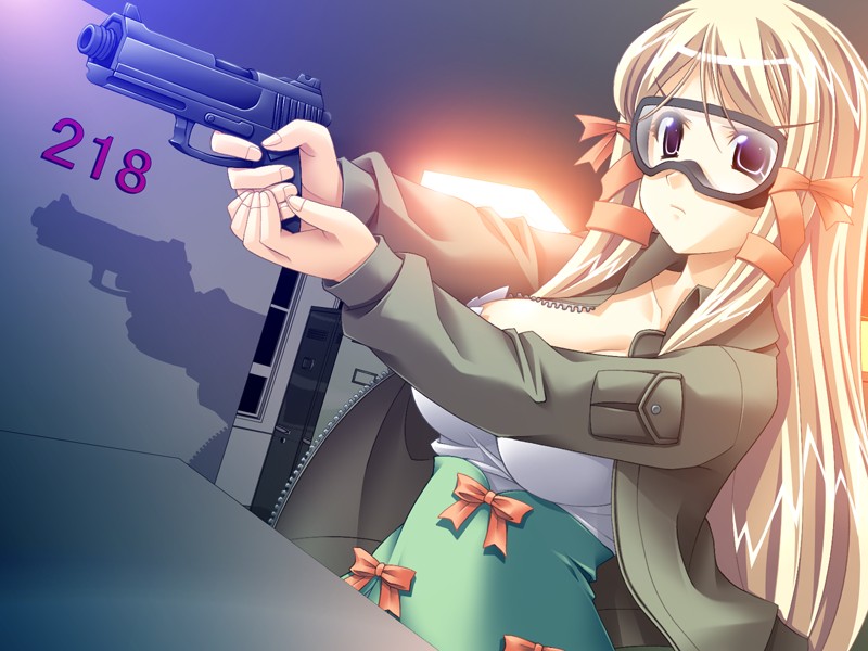 shinozuka atsuto, gelsomina piacentini, dyogrammaton, game cg, 1girl, blonde hair, bow, breasts, cleavage, female focus, goggles, gun, handgun, jacket, large breasts, long hair, open clothes, open jacket, pistol, purple eyes, solo, unzipped, weapon