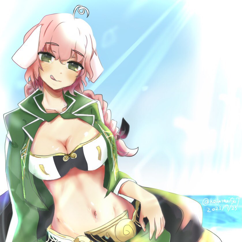 zhu bajie (grimms notes), grimms notes, 1girl, braid, breasts, cleavage, closed mouth, hedatari567, looking at viewer, navel, pink hair, smile, solo, tongue, tongue out